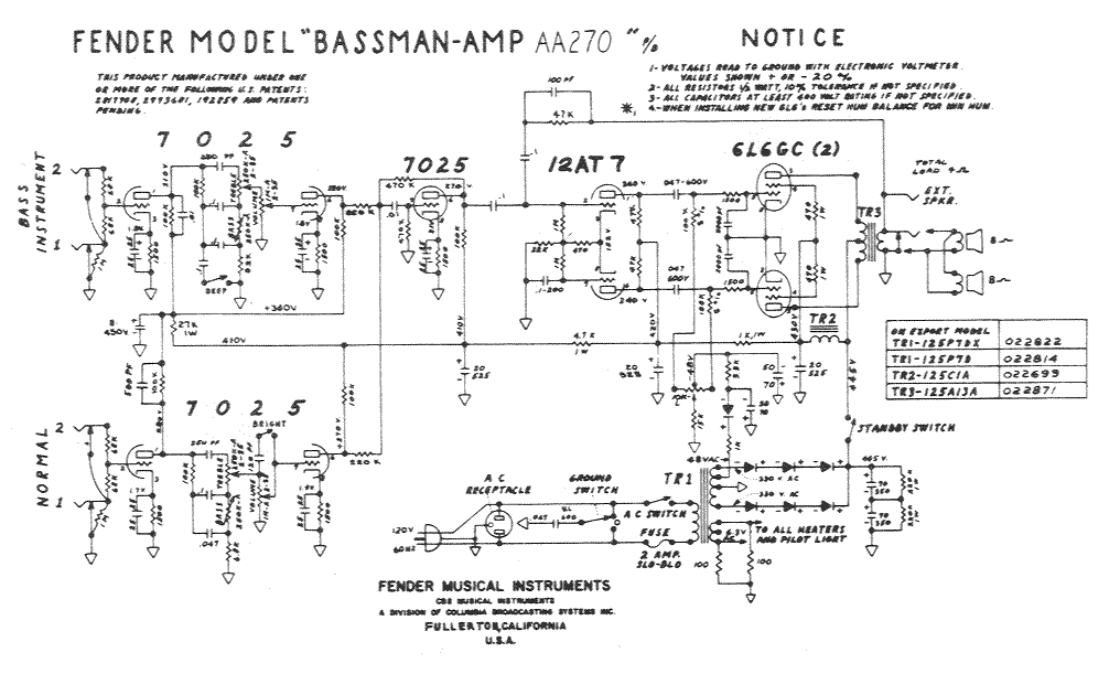 Fender Bassman Amp AA270 Schematic