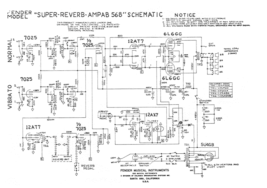 Fender Super Reverb Amp AB568 Schematic